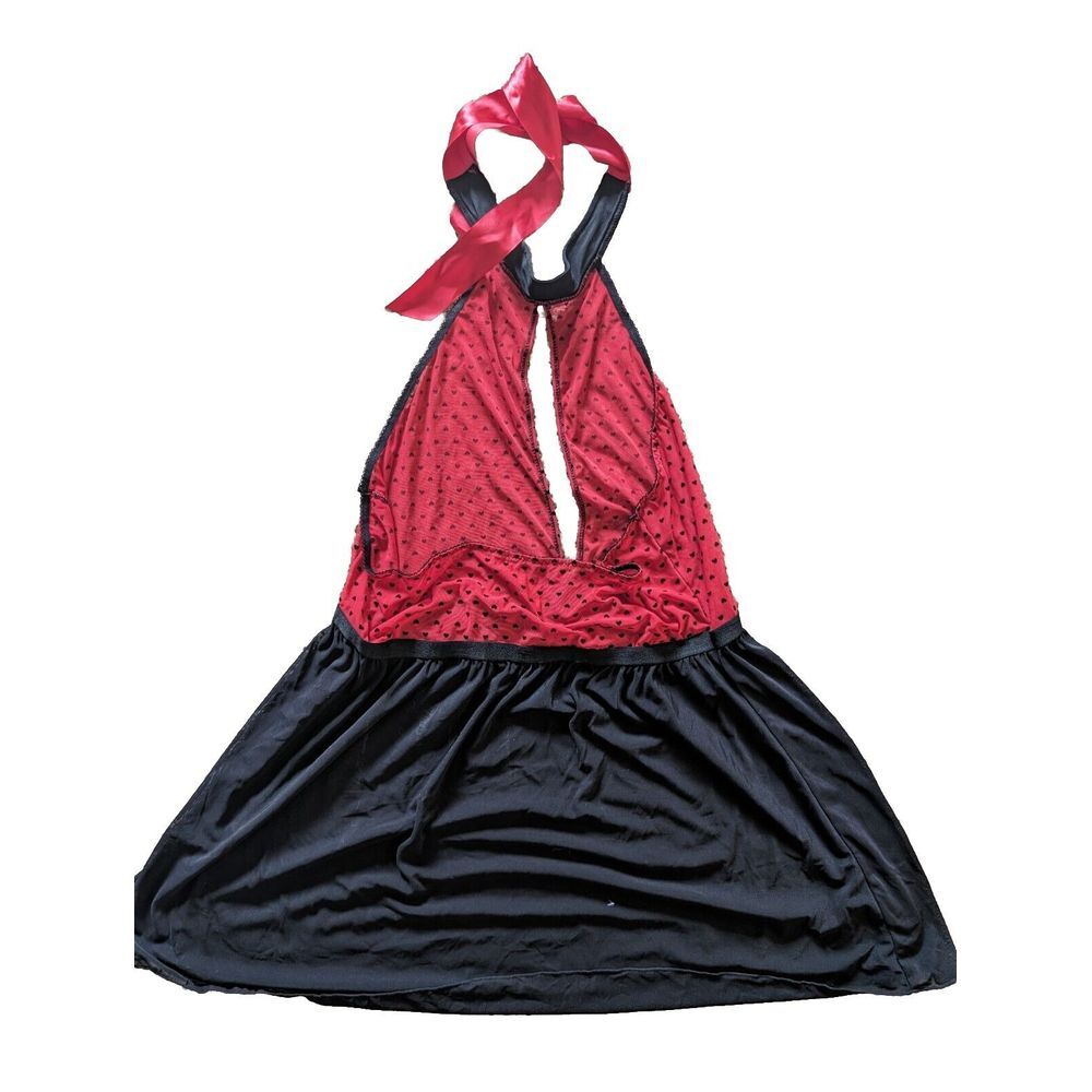 Vintage FANTASY LINGERIE Red Black Heart Tie Neck Babydoll Dress Slip 3X/4X